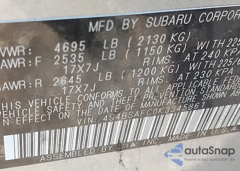 2019 Subaru Outback 2.5I Premium z USA, uszkodzony, nr VIN 4S4BSAFC0K3345861